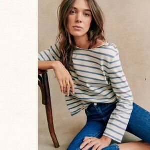 Sezane Mariniere Vintage Blue Ecru Stripe Top XS